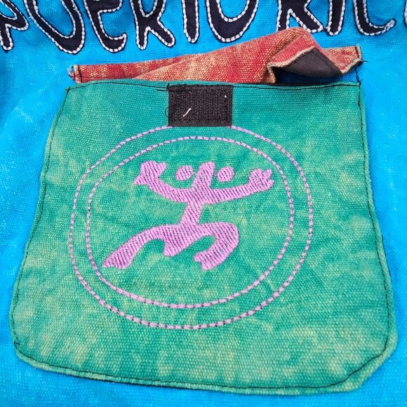 Handcrafted Puerto Rico Drawstring Backpack In Blue & Green With Embroidered Sym - Picture 4 of 7